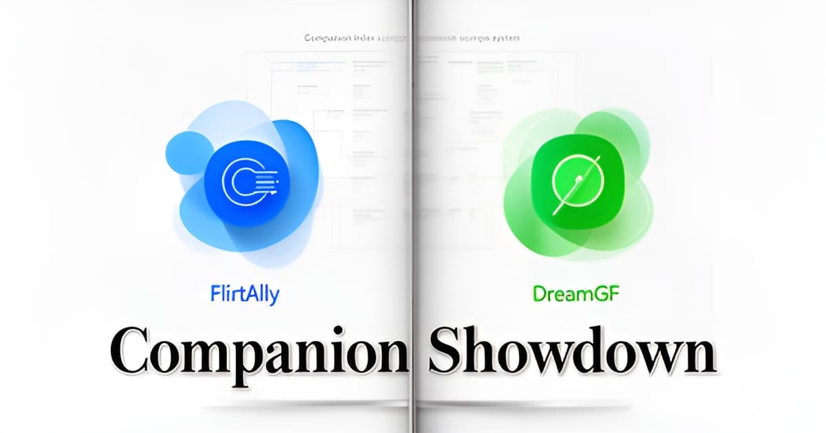 A stylized illustration comparing FlirtAlly and DreamGF AI companion platforms with a scoring system in the background.