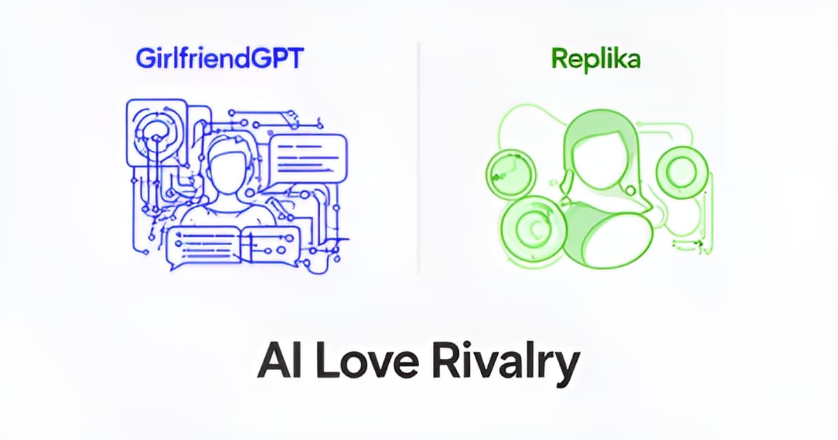 A modern illustration comparing GirlfriendGPT and Replika, two AI companion platforms, with brand-color accents.