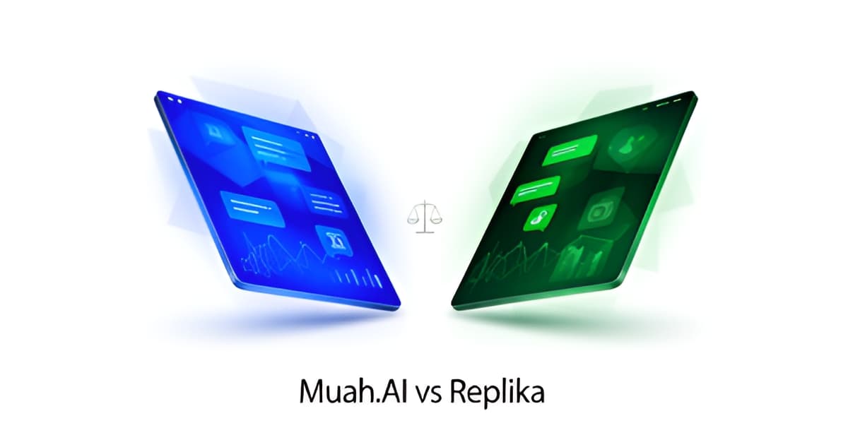 Flat illustration comparing two AI companion platforms with blue and green interface panels and a versus headline.